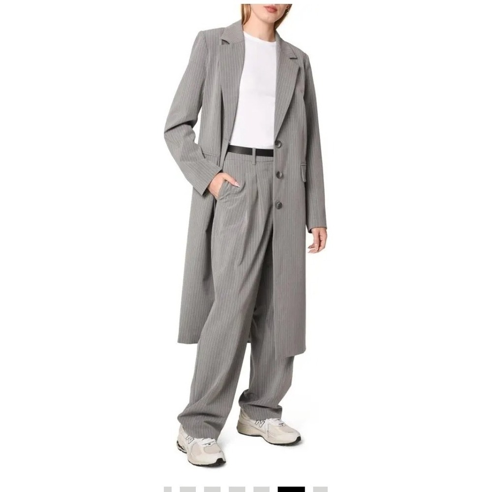 WAYF Women Gray Icon Pinstripe Collared Academia Preppy Work Longline Coat L